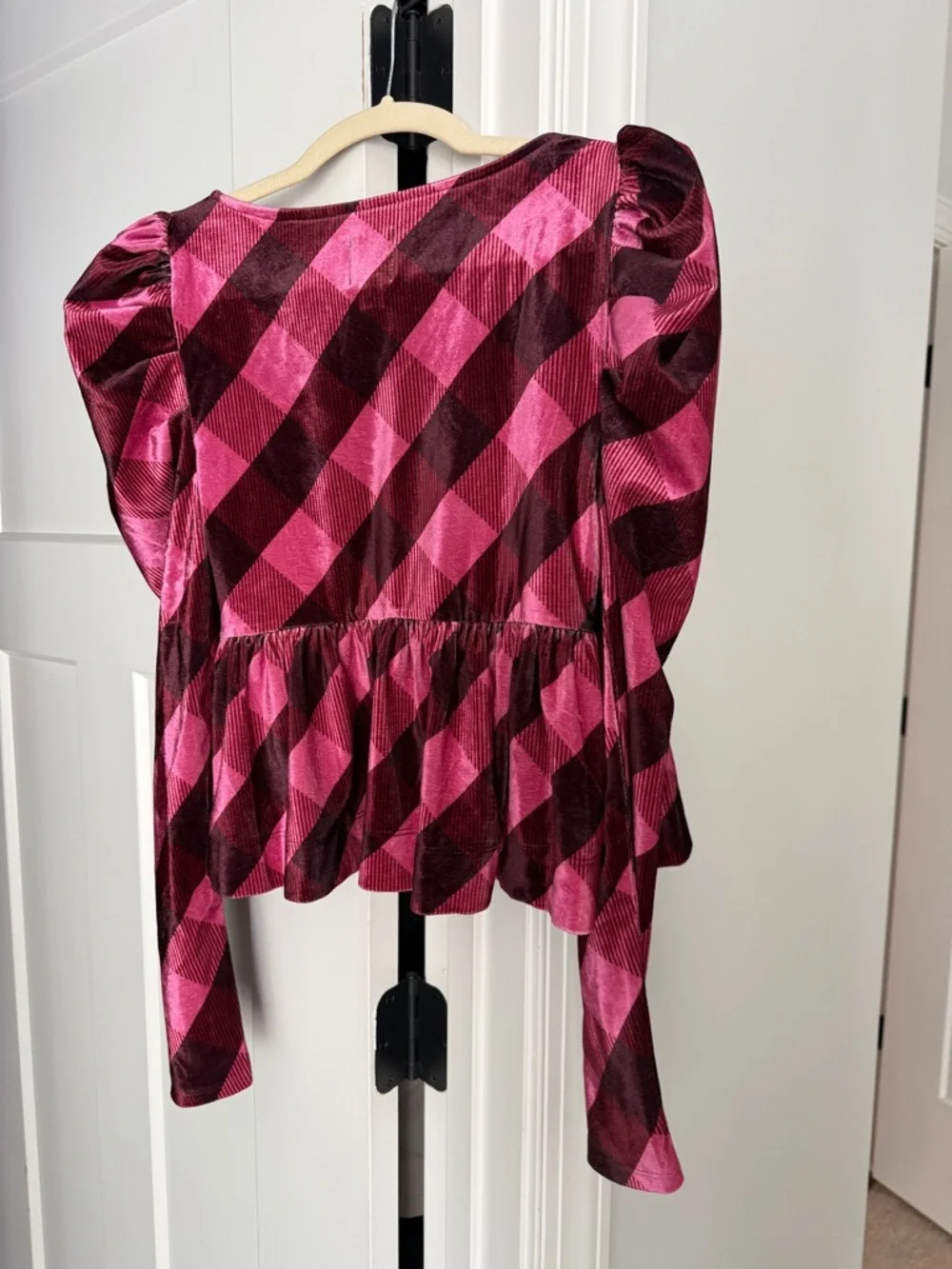 Maeve pink‎ checkered babydoll Anthropologie tie front peplum top